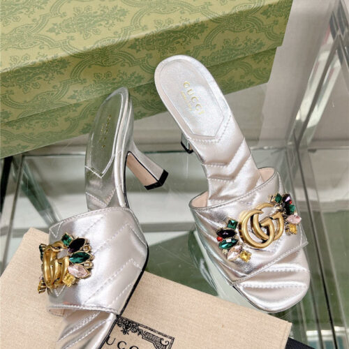 High Quality Luxury Gucci Double G Colored Diamond Buckle High-Heeled Slippers – Style 48659 product detail