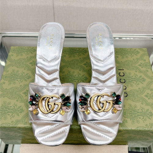High Quality Luxury Gucci Double G Colored Diamond Buckle High-Heeled Slippers – Style 48659 product detail