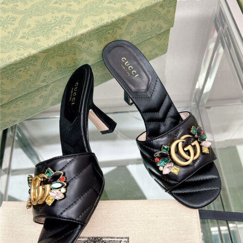 High Quality Luxury Gucci Double G Colored Diamond Buckle High-Heeled Slippers – Style 83123 product detail