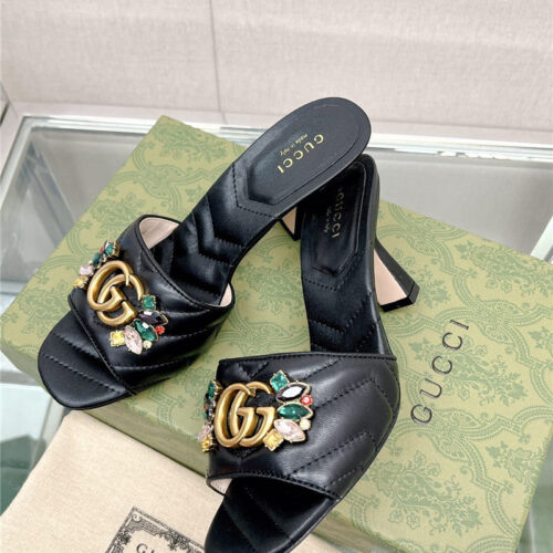 High Quality Luxury Gucci Double G Colored Diamond Buckle High-Heeled Slippers – Style 83123 alternate view