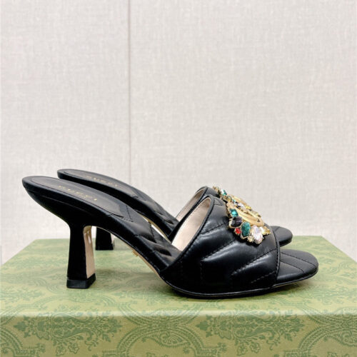High Quality Luxury Gucci Double G Colored Diamond Buckle High-Heeled Slippers – Style 83123