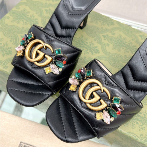 High Quality Luxury Gucci Double G Colored Diamond Buckle High-Heeled Slippers – Style 83123 product detail
