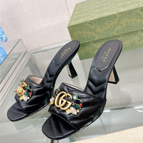 High Quality Luxury Gucci Double G Colored Diamond Buckle High-Heeled Slippers – Style 83123 product detail