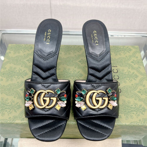 High Quality Luxury Gucci Double G Colored Diamond Buckle High-Heeled Slippers – Style 83123 product detail