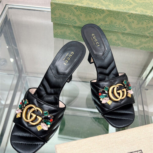 High Quality Luxury Gucci Double G Colored Diamond Buckle High-Heeled Slippers – Style 83123 product detail