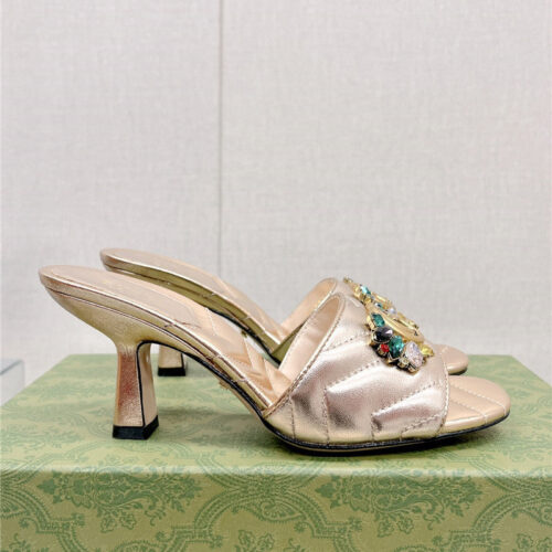 High Quality Luxury Gucci Double G Colored Diamond Buckle High-Heeled Slippers