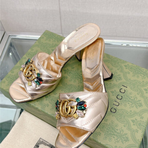 High Quality Luxury Gucci Double G Colored Diamond Buckle High-Heeled Slippers product detail