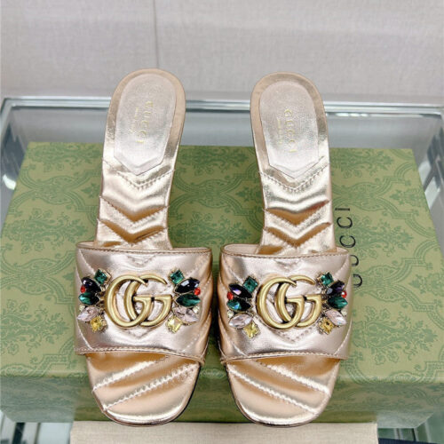 High Quality Luxury Gucci Double G Colored Diamond Buckle High-Heeled Slippers product detail
