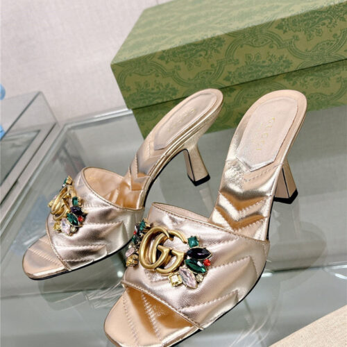 High Quality Luxury Gucci Double G Colored Diamond Buckle High-Heeled Slippers product detail