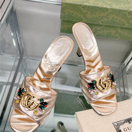High Quality Luxury Gucci Double G Colored Diamond Buckle High-Heeled Slippers product detail