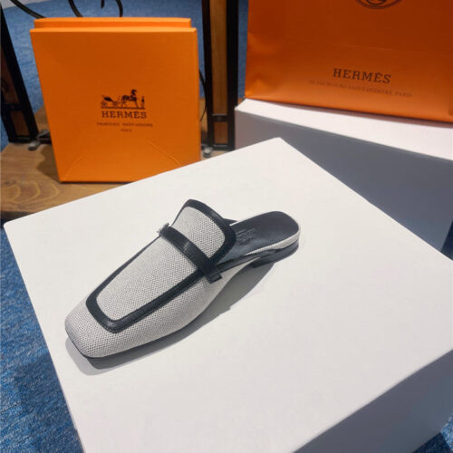 High Quality Luxury Hermes Square Toe H Buckle Mules Half Slippers product detail