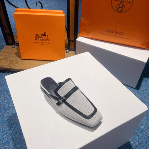 High Quality Luxury Hermes Square Toe H Buckle Mules Half Slippers product detail