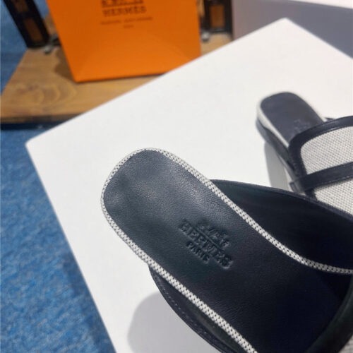 High Quality Luxury Hermes Square Toe H Buckle Mules Half Slippers product detail