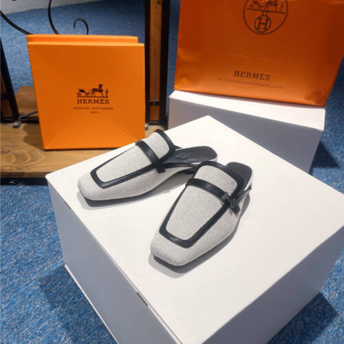 High Quality Luxury Hermes Square Toe H Buckle Mules Half Slippers