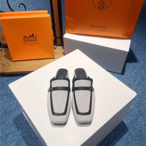 High Quality Luxury Hermes Square Toe H Buckle Mules Half Slippers product detail
