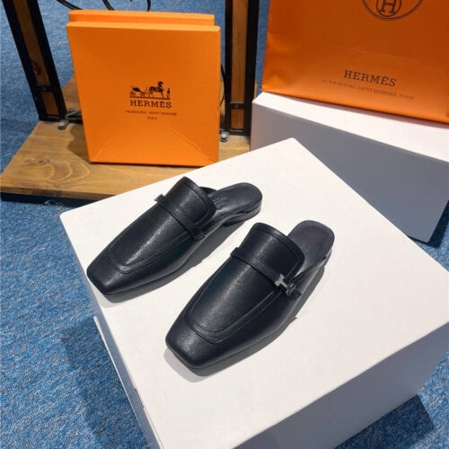 High Quality Luxury Hermes Square Toe H Buckle Mules Half Slippers – Style 51011