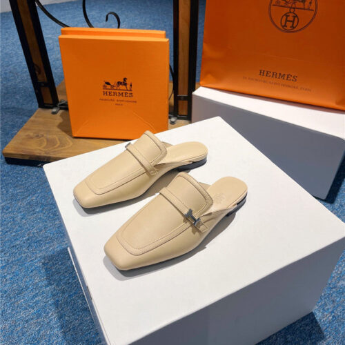 High Quality Luxury Hermes Square Toe H Buckle Mules Half Slippers – Style 92259