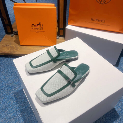 High Quality Luxury Hermes Square Toe H Buckle Mules Half Slippers – Style 45379