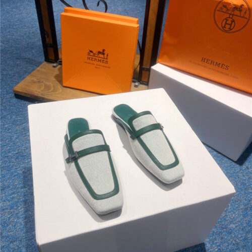 High Quality Luxury Hermes Square Toe H Buckle Mules Half Slippers – Style 45379 alternate view