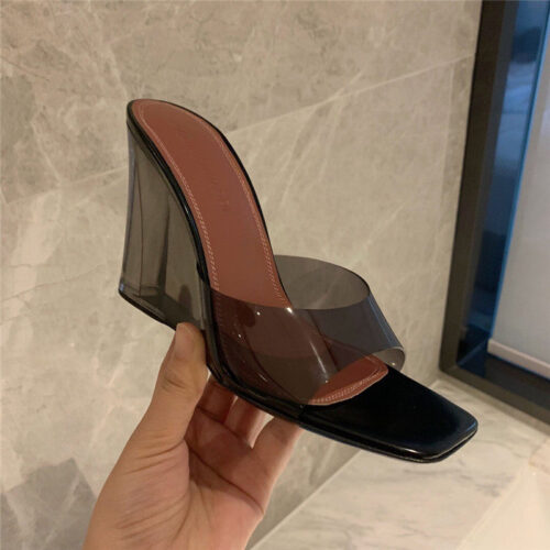 High Quality Luxury Amina Muaddi Wedge Transparent Bottom Slippers – Style 42051 product detail