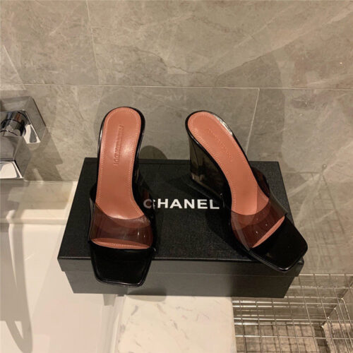 High Quality Luxury Amina Muaddi Wedge Transparent Bottom Slippers – Style 42051 product detail