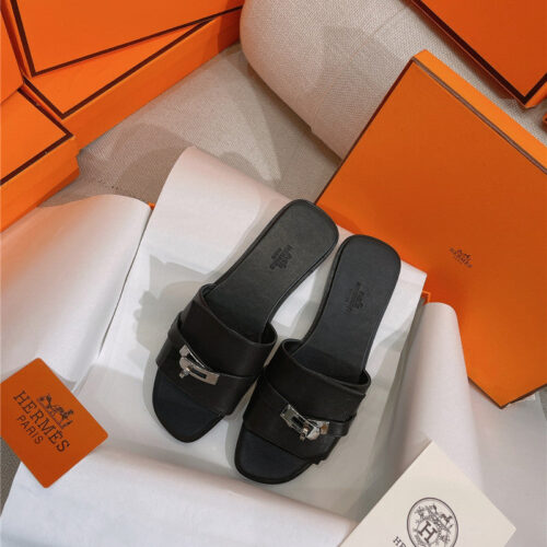 High Quality Luxury Hermes New Giulia Flat Kelly Buckle Slippers