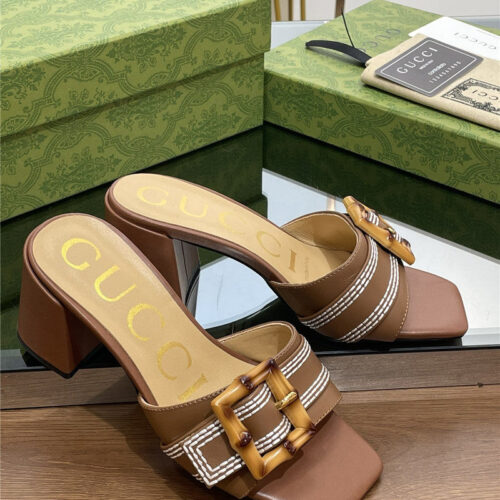 High Quality Luxury Gucci Chunky Heel Bamboo Buckle Sandals – Style 77619