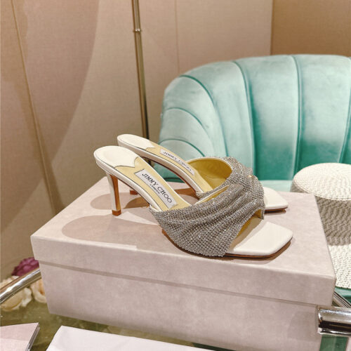 High Quality Luxury Jimmy Choo Rhinestone High Heel Slippers