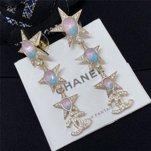 High Quality Luxury Chanel Double C White Gradient Rhinestone Star Earrings
