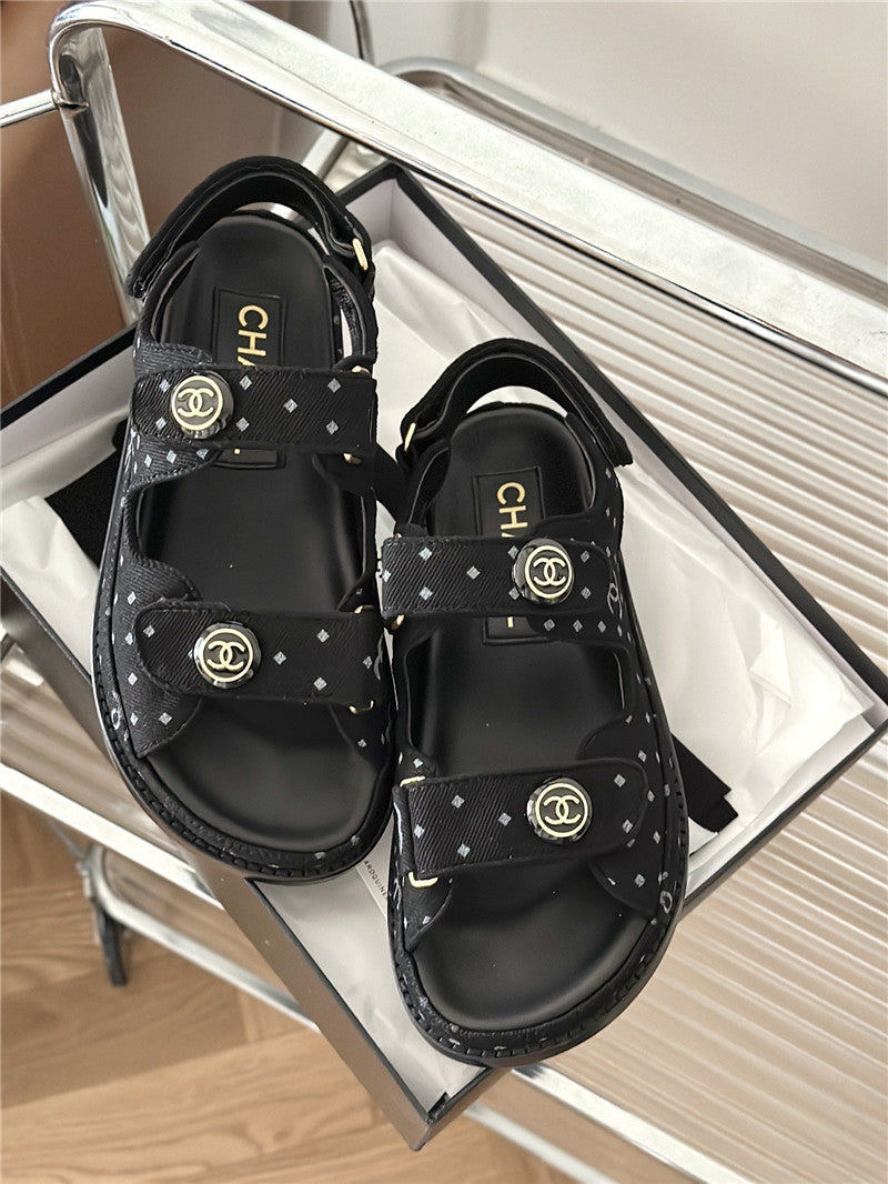 High Quality Luxury Chanel Polka Dot Denim Velcro Sandals – Style 42790 product detail