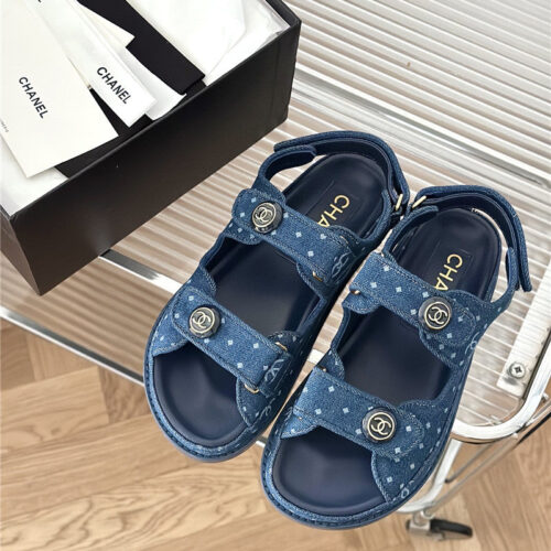 High Quality Luxury Chanel Polka Dot Denim Velcro Sandals – Style 72166 alternate view