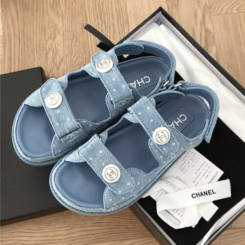 High Quality Luxury Chanel Polka Dot Denim Velcro Sandals