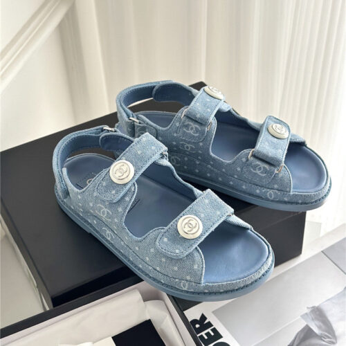 High Quality Luxury Chanel Polka Dot Denim Velcro Sandals alternate view
