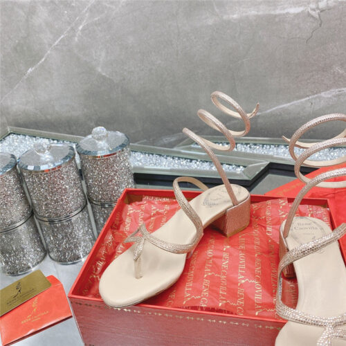 High Quality Luxury Rene Caovilla Snake Crystal Chunky Heel Sandals – Style 07462 product detail