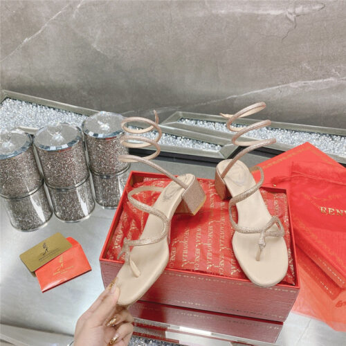 High Quality Luxury Rene Caovilla Snake Crystal Chunky Heel Sandals – Style 07462 product detail