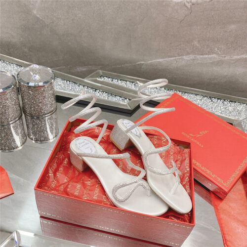 High Quality Luxury Rene Caovilla Snake Crystal Chunky Heel Sandals