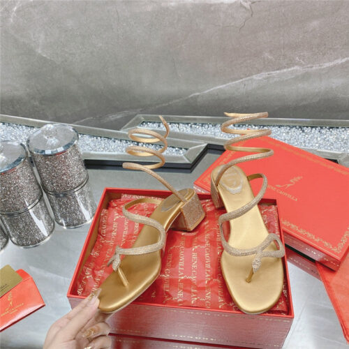 High Quality Luxury Rene Caovilla Snake Crystal Chunky Heel Sandals – Style 78086 product detail