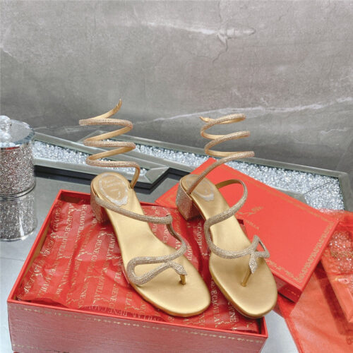 High Quality Luxury Rene Caovilla Snake Crystal Chunky Heel Sandals – Style 78086