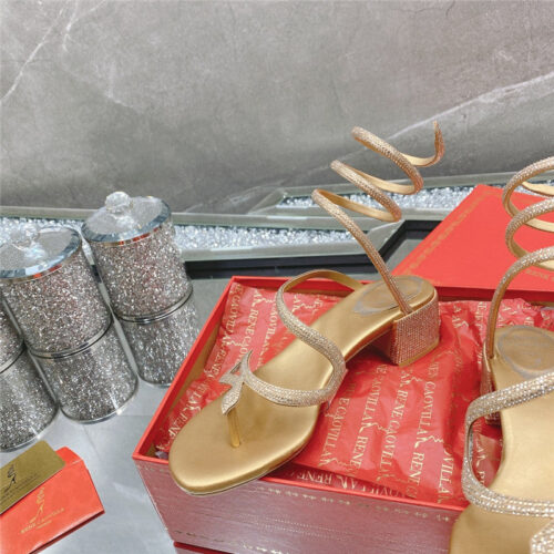 High Quality Luxury Rene Caovilla Snake Crystal Chunky Heel Sandals – Style 78086 product detail