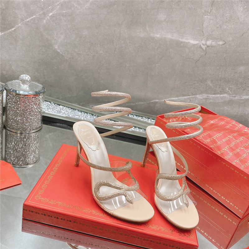 High Quality Luxury Rene Caovilla Snake Crystal High Heel Sandals