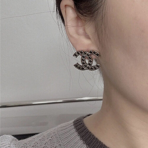 High Quality Luxury Chanel Full Diamond Chest Double C Earrings alternate view