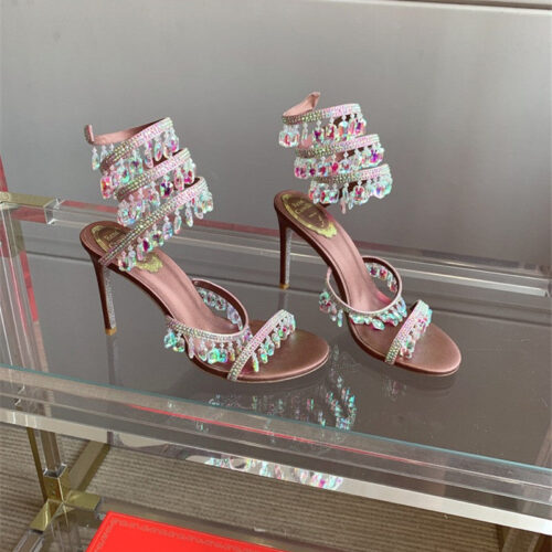 High Quality Luxury Rene Caovilla Crystal Pendant Heeled Sandals