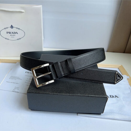 High Quality Luxury Prada Enamelled Metal Triangle Logo Belt