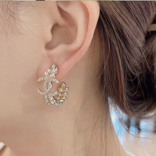 High Quality Luxury Chanel Wheat Ears Curved Hook Full Diamond Earrings alternate view