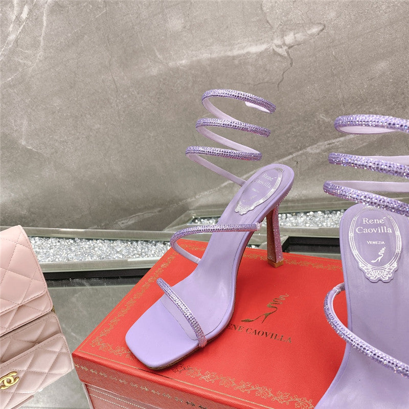 High Quality Luxury Rene Caovilla Diagonal Strap Rhinestone Inlaid Sandals – Style 13094 product detail