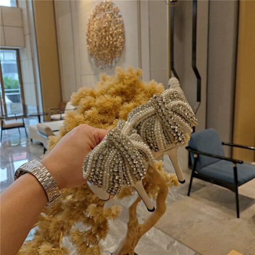 High Quality Luxury Jimmy Choo Pearl Crystal Bow Diamond Shoes product detail
