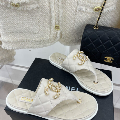 High Quality Luxury Chanel Rhombus Cc Logo Chain Buckle Flat Slippers