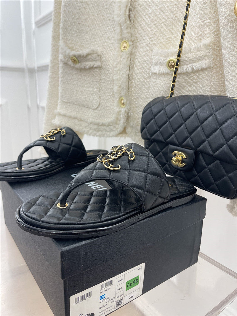 High Quality Luxury Chanel Rhombus Cc Logo Chain Buckle Flat Slippers – Style 26310 product detail