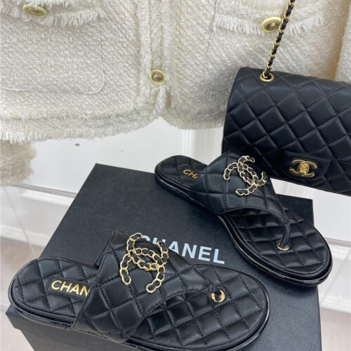 High Quality Luxury Chanel Rhombus Cc Logo Chain Buckle Flat Slippers – Style 26310