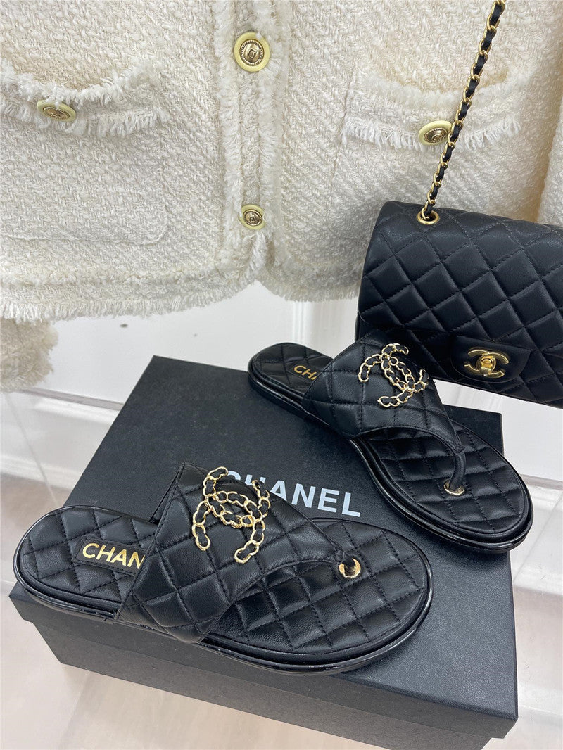 High Quality Luxury Chanel Rhombus Cc Logo Chain Buckle Flat Slippers – Style 26310
